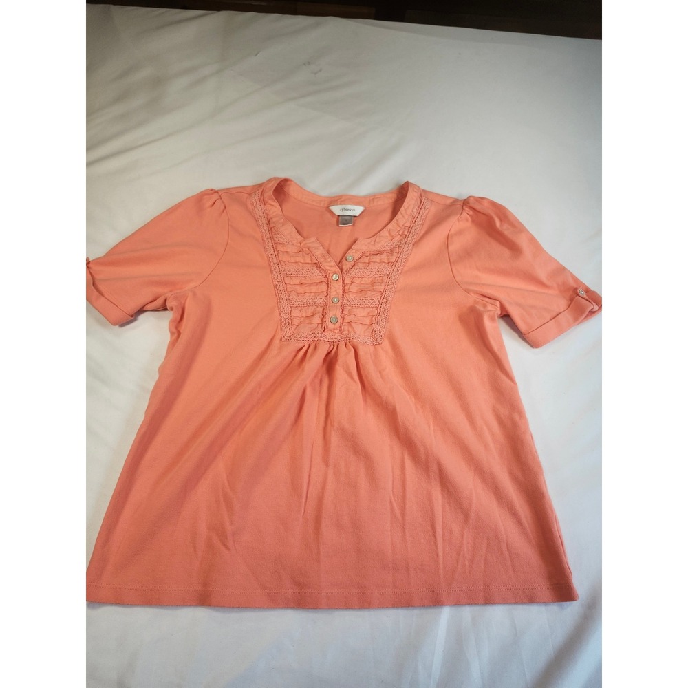Cj Banks Womens Coral Pink Crochet Lace Trim Button V-Neck Short Sleeve Top Sz X